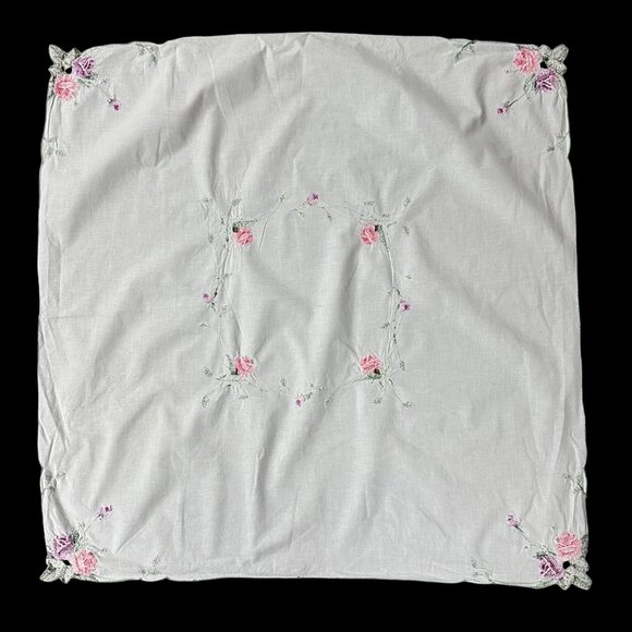 Vintage Embroidered White Tablecloth Pink Purple Rose Flower Small Square Floral - Picture 3 of 7